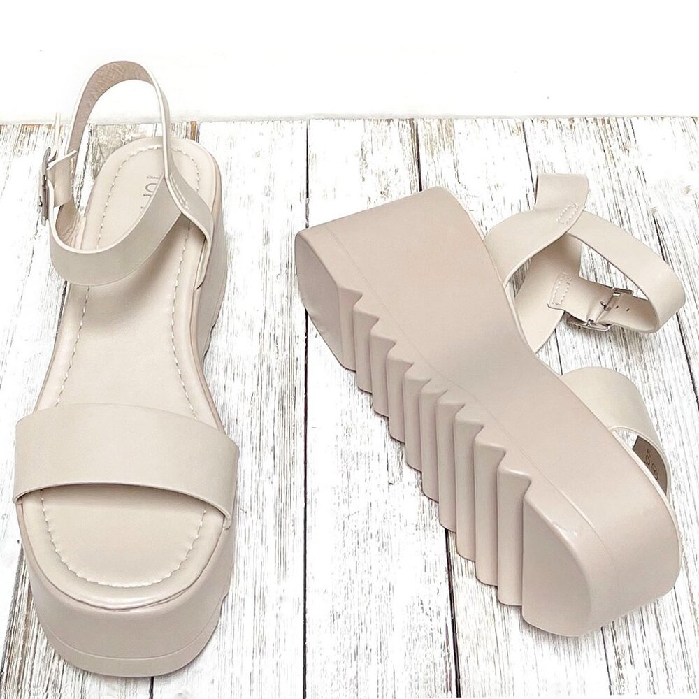 New Ivory Beige Wide Band Platform Wedge Heel Sandals - Picture 3 of 4
